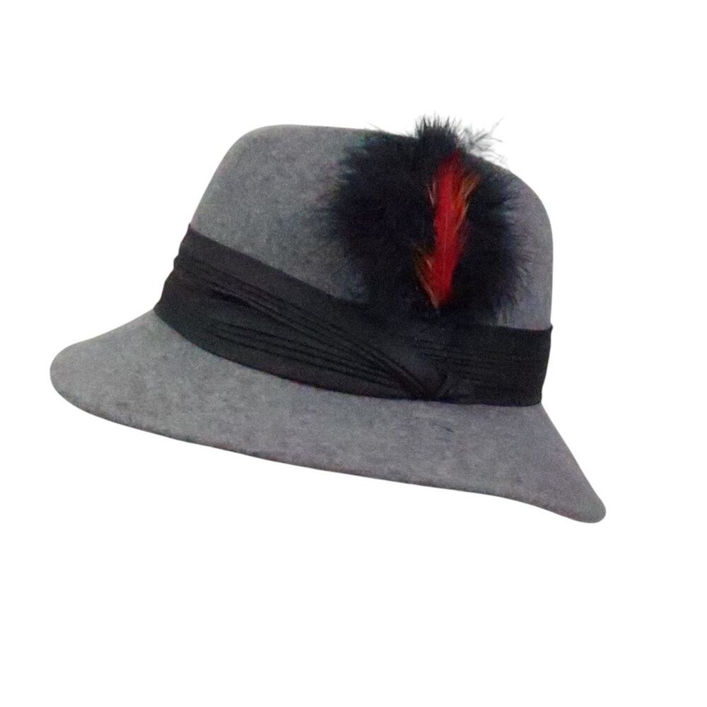 Vintage 60s Tally-Ho Grey Felt Wool Cloche Fedora Hat w/ Feather